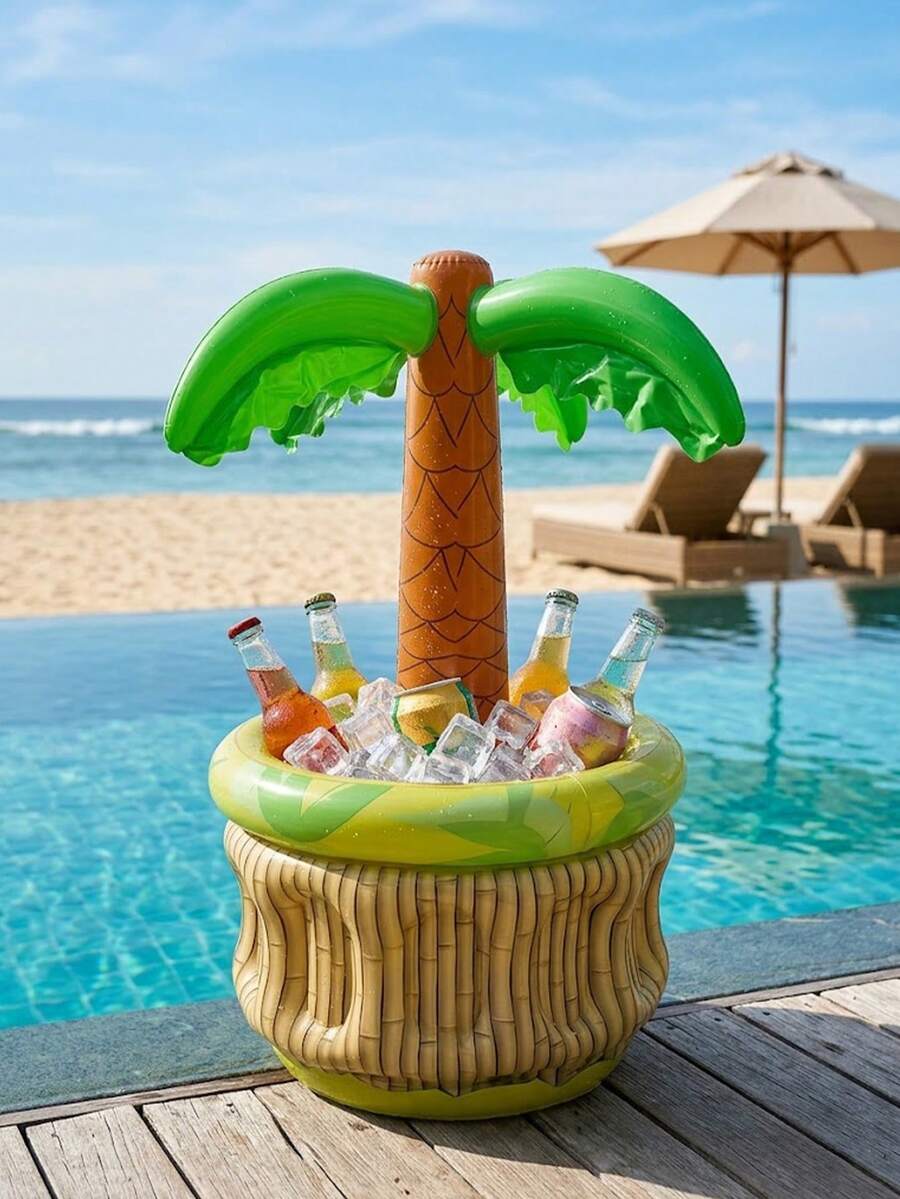 Ember Pendingin Bir Pohon Kelapa Hawaii Tiup - Dekorasi Pesta Kolam Renang Tropis & Ember Minuman dengan Kapasitas Es - Ideal untuk Perayaan Ulang Tahun & Aksesori Pantai - Ember Es Kaktus dengan Pola Bunga Hibiscus dan Permukaan Bertekstur