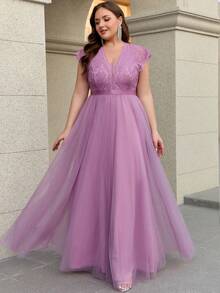 Đầm dự tiệc cỡ lớn dành cho nữ, màu trơn, thanh lịch, duyên dáng, phối lưới và ren tương phản, có khóa kéo, thích hợp cho phù dâu, dự tiệc tối, khách dự đám cưới, mẹ cô dâu, tiệc cocktail, dạ hội, mùa xuân/hè/thu/đông. - Màu Lilac Tím - Xem 7