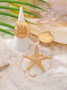 3pcs/Set Summer Beach Style Starfish & Shell Fashion Ring Set, Bohemian Ocean Life Ring Set, Suitable For Beach Travel And Daily Outfit As Boho Accessories - Gold - View 4