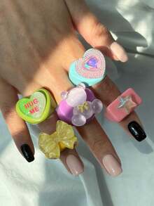 Colorful Asymmetrical Heart & Bear Resin Ring, Exaggerated Large Candy Color Women's Jewelry, Fashionable Unique Spring Party Accessories, Y2K Millennium Style - Multicolor - View 3