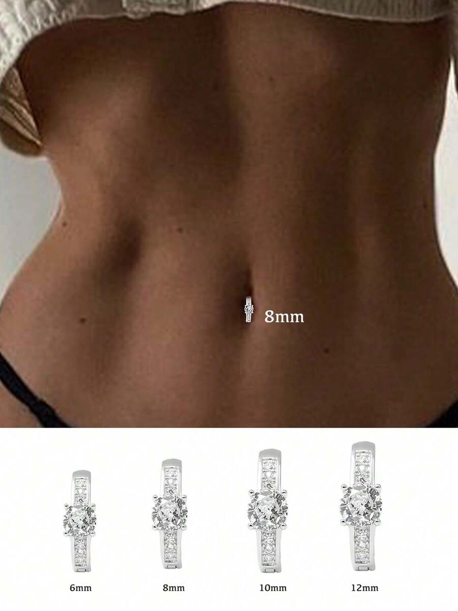 1pc S925 Sterling Silver Classic Diamond Cubic Zirconia Round Navel Piercing, Length 6mm/8mm/10mm/12mm, Fashionable Belly Button Jewelry, Daily Accessory Gift For Girlfriend/Sister - Navel Nails - View 1