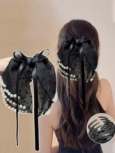 1件装女士优雅珍珠蝴蝶结流苏发夹新款半扎发造型发夹后脑勺发爪发夹头饰发饰夏季发饰沙滩爪夹度假发夹