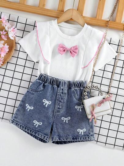 2pcs/Set Toddler Girls Outdoor Daily Fashion Sweet Cute Pink 3D Bow Floral Trim Striped Top Paired With Casual Comfortable Butterfly Print Blue Denim Shorts Set