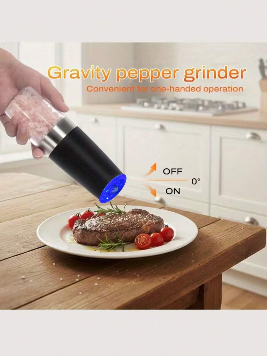 1/2 Set Gravity Sensing Electric Salt And Pepper Grinder Set With LED Light (Batteries Not Included), One-Handed Operation, Adjustable Coarseness, Black Kitchen Tool, Christmas/Halloween/Father's Day/Mother's Day Gift (Requires 6 AAA Batteries) - Multicolor - View 1