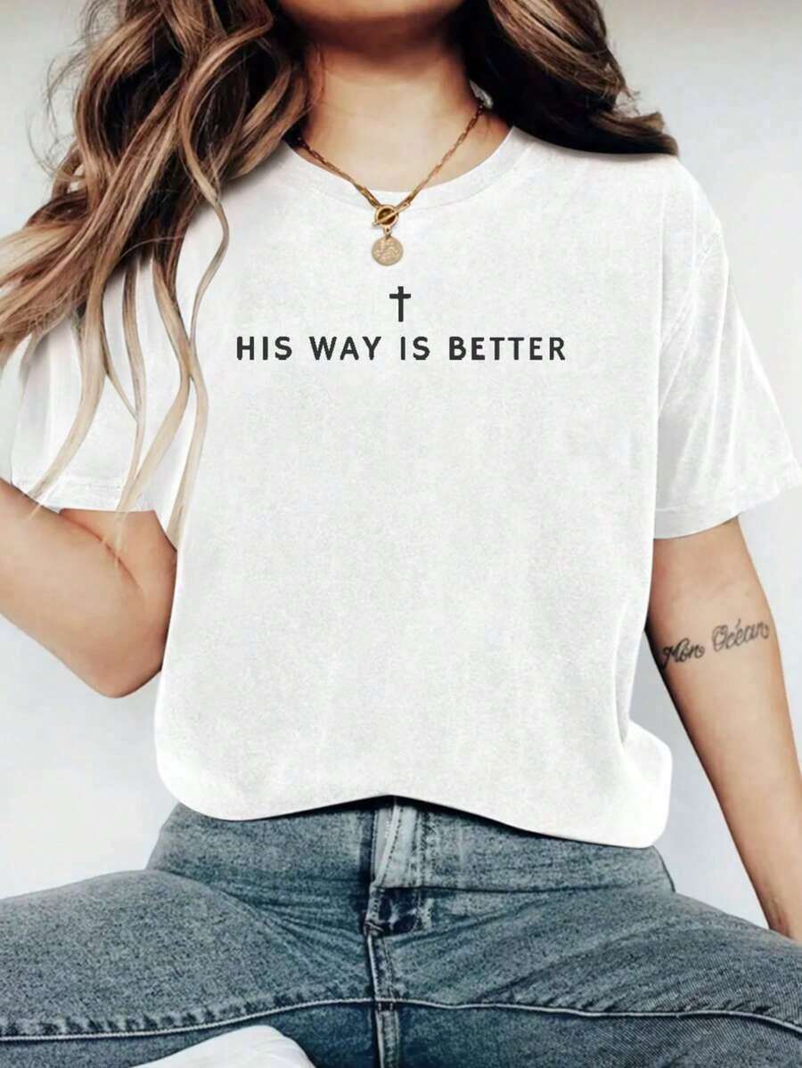 Jesus Shirt His Way Is Better Comfortable Christian Merch Simple Christian Faith Gift Clothing Casual Fall Outfits For Women Travel Short Sleeve Tops - 白色 - 查看 1