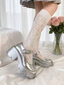 1/2 Pairs Women's Thigh High Socks - White Lace Hollow Rose, Lightweight Breathable Japanese Style Pure And Sweet, Spring/Summer - Multicolor - View 3