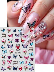 2片装春季美甲贴纸，不同蝴蝶花朵线条设计，滑动式吊坠，自粘式贴纸，DIY美甲配件工具，美甲用品 - 彩色 - 查看 2