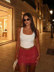 女士Y2K风格亮红色流苏针织迷你裙，性感修身设计，时尚休闲，适合音乐节、假日约会、日常休闲、海滩度假、海滩派对、鸡尾酒会等各种场合。春季必备 - 棗紅 - 查看 4