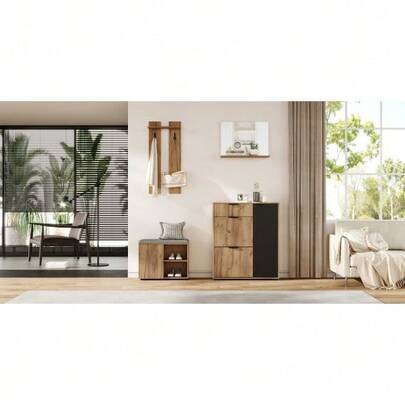 Flur-Garderoben-Set, Wandgarderobe; Garderoben-Set Mit Schuhbank Und Schuhschrank, 1 Spiegel, 1 Schublade, 2 Haken, 4 Türen, Naturfarben Und Black, B140* T35 * H139 Cm