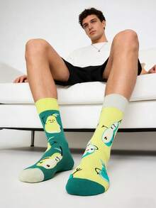 1 双男士黄绿撞色梨形图案中筒袜，适合所有季节休闲穿着。 - 彩色 - 查看 2