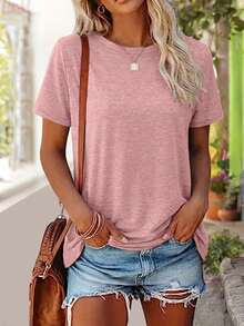 3pcs Solid Color Round Neck Short Sleeve Loose Casual T-Shirt, Suitable For Spring/Summer Daily And Home Wear, Machine Washable - Multicolor - View 6