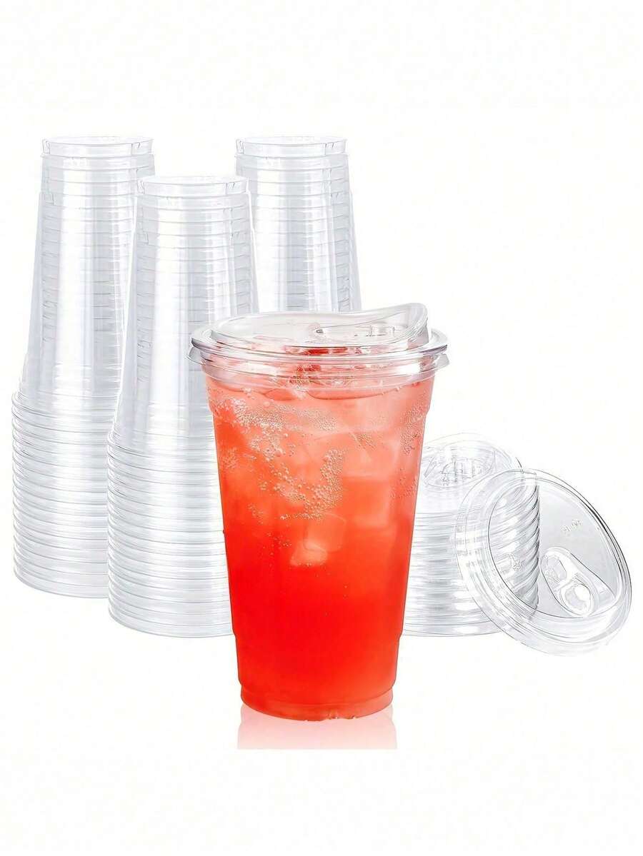 NEW IN 2026 20pcs Clear Reusable Plastic Cups With Drinking Lids, For Iced Coffee, Smoothie, Milkshake, Cold Drinks 16oz - bạc - Xem 1
