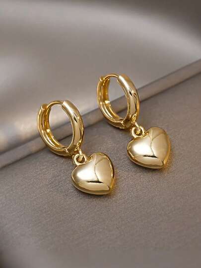 Minimalist Gold Heart Drop Earrings | Dainty 14K Golden Plated Huggie Hoops With Puffed Heart Charm