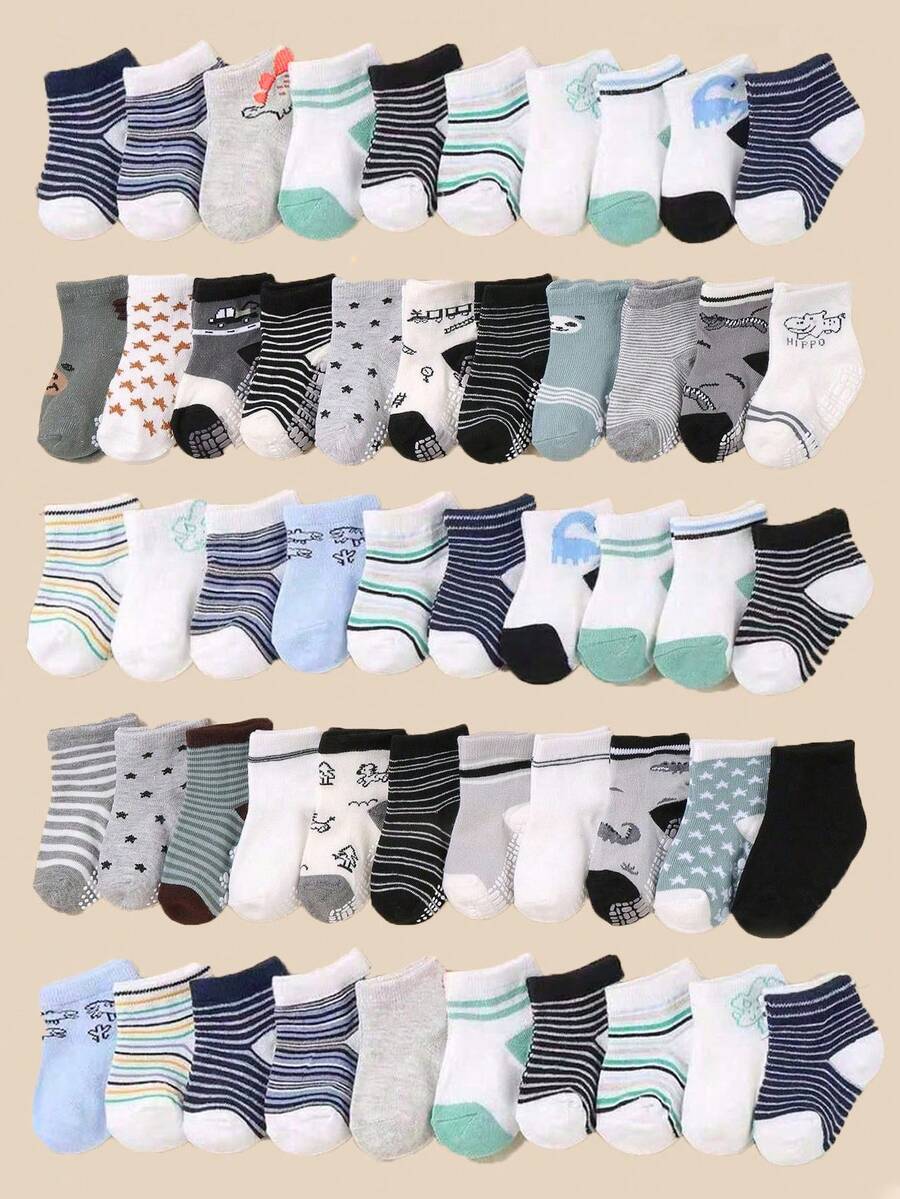 10 pares de calcetines casuales antideslizantes con puntos para bebés, calcetines transpirables para niños pequeños con rayas y patrones de dinosaurios, adecuados para uso casual diario y gateo - Multicolor - Ver 1