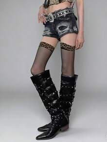 1 Pair Sheer Thigh High Stockings, Leopard Print Sexy Goth Sheer Tights, Red Plaid Trim Thigh High Socks, Punk Rock Cute Y2K Aesthetic - Multicolor - View 11