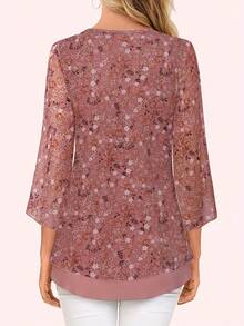 CheersLife Conjunto feminino casual e formal, elegante blusa de verão em malha dupla, blusa solta com decote em V e mangas 3/4, ideal para férias. - Coral Rosa - Ver 2