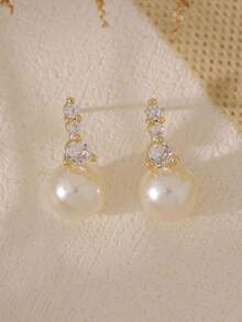 女士仿珍珠耳环，精致锆石耳钉，低过敏性，正式场合新娘仿珍珠耳坠，简约金色耳钉，婚礼仿珍珠首饰 - 金色 - 查看 4