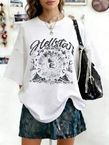 Plus Size Hellstars Records World On Fire Y2K Graphic T-Shirt,220g 100% Cotton,Round Neck Short Sleeve,White Streetwear Essential For Summer Going Out,Unisex Style - trắng - Xem 1