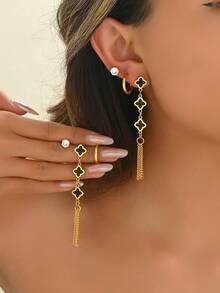 6pcs Set Stainless Steel Long Tassel Earrings, Fashionable & Versatile Jewelry Set For Women - Multicolor - View 1