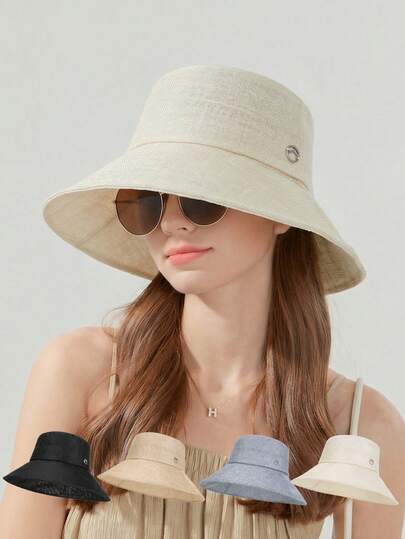 1pc Women's Spring/Summer Outdoor Travel Sun Hat, Large Brim Visually Slimming Bucket Hat, European And American Fashion Versatile UV Protection Hat, Suitable For Daily, Vacation, Boho Beach