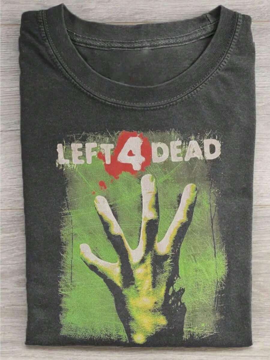 Graphic Cotton-Shirt Washed-Shirt Men's Retro Tie-Dyed Cotton-Shirt-Left 4 Dead Print Design, Loose And Casual, Comfortable All Season, Washable, Holiday, Summer Comfortable Clothing, Washed Textured Top. Y2K,Oversize Plus Size Men's S To 3XL,Summer Tee - 黑色 - 查看 1