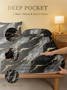 1pc Black Marble Pattern Bed Skirt, Fashionable Farmhouse Style Mattress Protector, Fresh And Elegant, Suitable For Valentine's Day Bedding, Soft And Breathable, Fits All Bed Sizes - Twin, Full, Queen, King, 11.8 Inch Deep Pocket, Wrinkle-Resistant, Promotes Sleep, Machine Washable, Suitable For Dorm Use During Back To School Season - Black - View 5