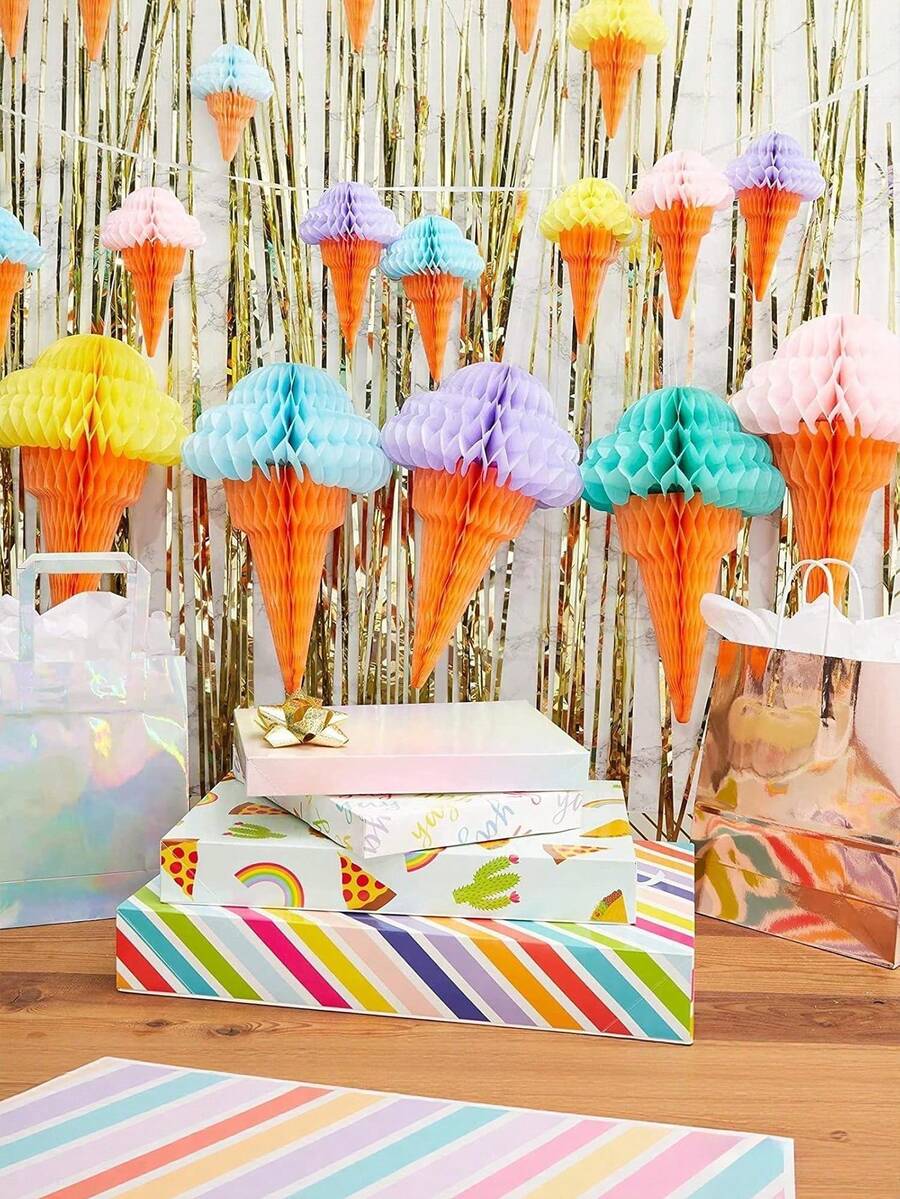 4 món đồ trang trí kem hình tổ ong bằng giấy cho tiệc mùa hè, đồ trang trí treo 3D hình kem và vật trang trí trung tâm bàn tiệc, thích hợp cho tiệc sinh nhật, tiệc mừng em bé, phụ kiện chụp ảnh, quà tặng tiệc, trang trí lễ kỷ niệm. - Xem 1
