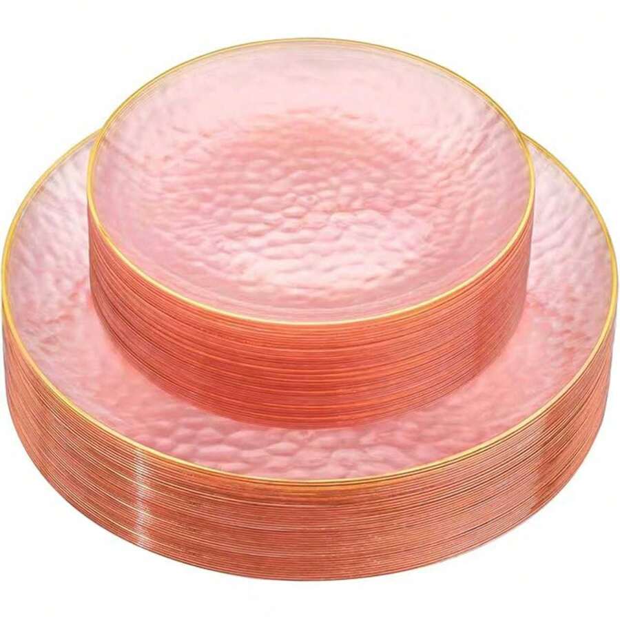 Bộ 50/25/10/2 đĩa viền hồng - Đĩa trong suốt màu hồng thanh lịch với viền vàng - Đĩa ăn tối thiết kế vân nổi, đĩa phục vụ bánh ngọt, mì Ý, bít tết, đồ ăn nhẹ, trái cây, v.v. - Hoàn hảo cho các bữa tiệc và đám cưới: Sinh nhật, đám cưới, Ngày Valentine, Năm mới, Ngày của Mẹ hoặc bất kỳ dịp đặc biệt nào. - Hồng - Xem 1