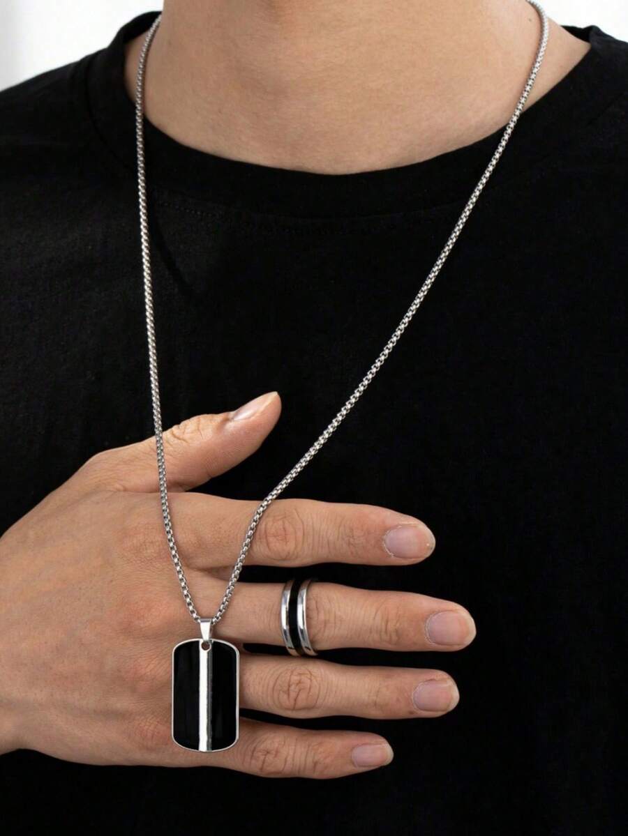 男士项链+戒指套装，黑色油滴几何吊坠，简约风格 - 銀色 - 查看 1