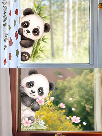Hình dán cửa sổ tĩnh điện hình gấu trúc dễ thương và hoa anh đào – Hình dán màu nước tự dính với hoa và cánh hoa màu hồng cho phòng trẻ em, phòng trẻ sơ sinh và cửa sổ nhà bếp, trang trí kiểu Á có thể tái sử dụng.