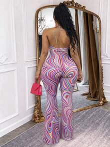 Summer Tie-Dye Halter Jumpsuit For Women, Flared Pants, Tie Front Cut-Out, Enterizos De Mujer Elegantes, Monos De Mujer, Casual Weekend & Party Outfit - 彩色 - 查看 3