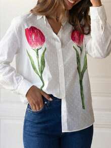 女士休闲基础款郁金香图案宽松长袖纽扣衬衫，适合日常办公穿着，春夏季节皆宜 - 白色 - 查看 2