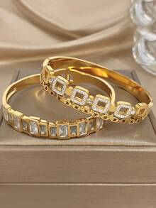 奢华独特镂空方形手镯套装，女士可叠戴金色手镯，适合日常、派对、情人节、婚礼、音乐节、母亲节等场合，珠宝礼品之选。 - 彩色 - 查看 3