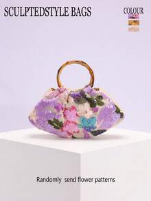 SCULPTEDSTYLE 包袋 1 件装 彩色花卉亮片撞色网纱叶子图案度假风竹柄亚麻底手提包，适合夏季海滩休闲旅行（亮片花卉图案随机分布） - 彩色 - 查看 8