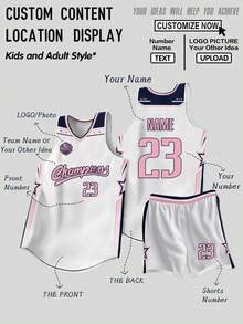 2 piezas Conjunto de jersey de baloncesto personalizado - Nombre del equipo personalizado, número y estampado de logotipo en camiseta de tirantes + pantalones cortos, conjunto deportivo regalo, ropa casual de moda minimalista personalizada y única para hombres, regalo de cumpleaños, vacaciones, escuela y deportes - Blanco - Ver 1