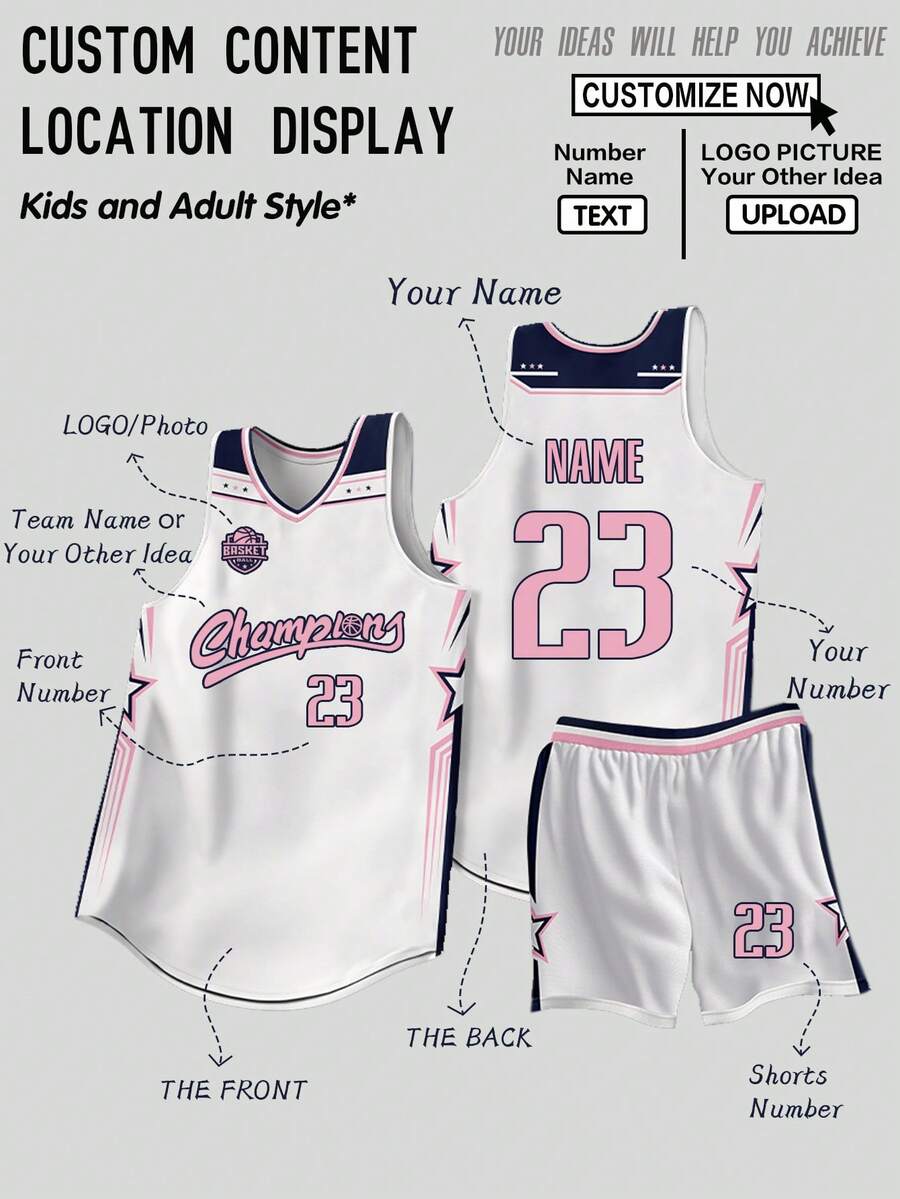 2 piezas Conjunto de jersey de baloncesto personalizado - Nombre del equipo personalizado, número y estampado de logotipo en camiseta de tirantes + pantalones cortos, conjunto deportivo regalo, ropa casual de moda minimalista personalizada y única para hombres, regalo de cumpleaños, vacaciones, escuela y deportes - Blanco - Ver 1