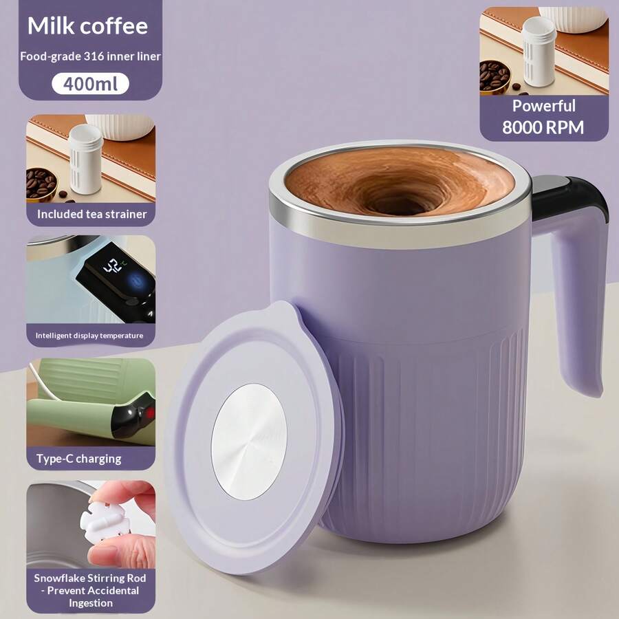 Electric Stirring Mug, Temperature Display Magnetic Electric Coffee Cup Milkshake Cup, Tea Cup Tumbler, Portable Rechargeable Coffee Cup Insulated Mug