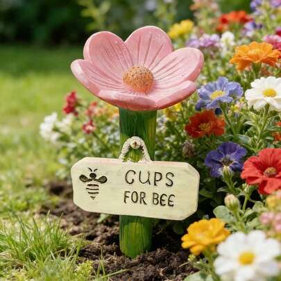 Ceramic Flower-Shaped Bee Watering Station, Floral Design Hummingbird Feeder, Textured Center Outdoor Pollinator Water Bowl, Bee Feeder Drinking Cup With Stand Base (Pink)