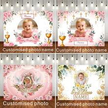 Painel de Bottom Personalizável, Tema da Minha Primeira Comunhão Batismo, Glitter Dourado, Rosas Rosas, Decoração de Cruz e Cálice Dourados, Adequado para Aniversário, Casamento, Chá de Bebê e Outras Decorações de Festa com Tema, Bottom de Fotografia - Multicolorido - Visão 1