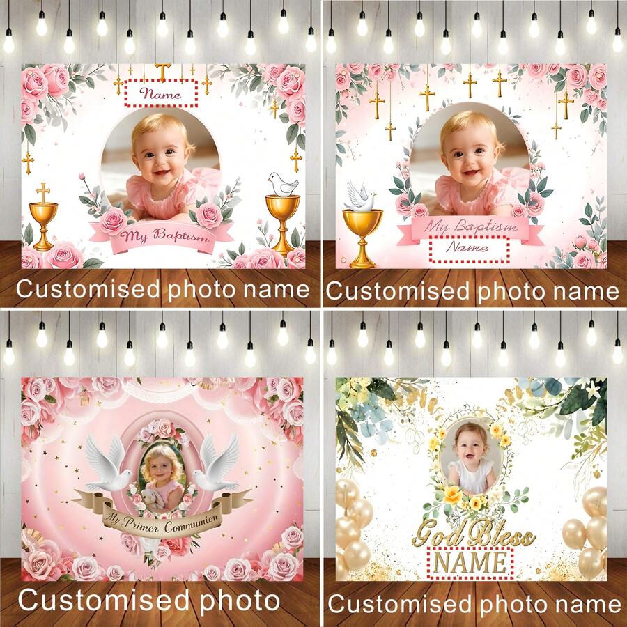 Painel de Bottom Personalizável, Tema da Minha Primeira Comunhão Batismo, Glitter Dourado, Rosas Rosas, Decoração de Cruz e Cálice Dourados, Adequado para Aniversário, Casamento, Chá de Bebê e Outras Decorações de Festa com Tema, Bottom de Fotografia - Multicolorido - Visão 1
