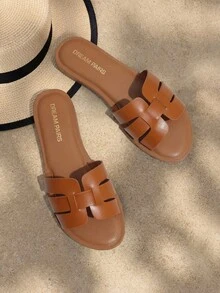 Women's Slide Sandals Slip-On Open Toe Strappy Design Flat Sandals Fashion Dress Casual Comfortable Summer Beach Walking Slides Shoes - 棕色 - 查看 1