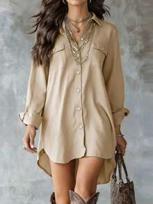 女士杏色长袖涤纶纽扣衬衫，翻领，前短后长设计，带口袋 - 杏色 - 查看 1