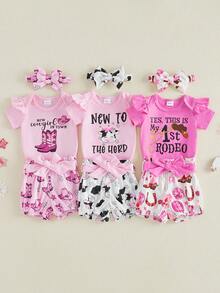 Western Baby Girl Clothes Cowgirl Summer Clothes Letter Boots Cow Print Crew Neck Short Sleeve Romper Shorts And Bow Headband 3 Pcs Set - 玫紅色 - 查看 9