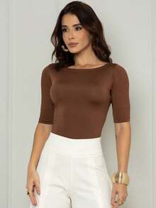 Kit 3 Basic Casual Blouse Boat Neck Sleeve Florence Women's Work T-Shirt Blouse - Trắng/Nâu/Khỏa thân - Xem 5