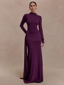 Spring And Summer New High-End Women's Clothing Celebrity Style Solid Color Turtleneck Long-Sleeved Streamer Pleated Hip-Wrapped Temperament Dress Skirt - Purple - View 1