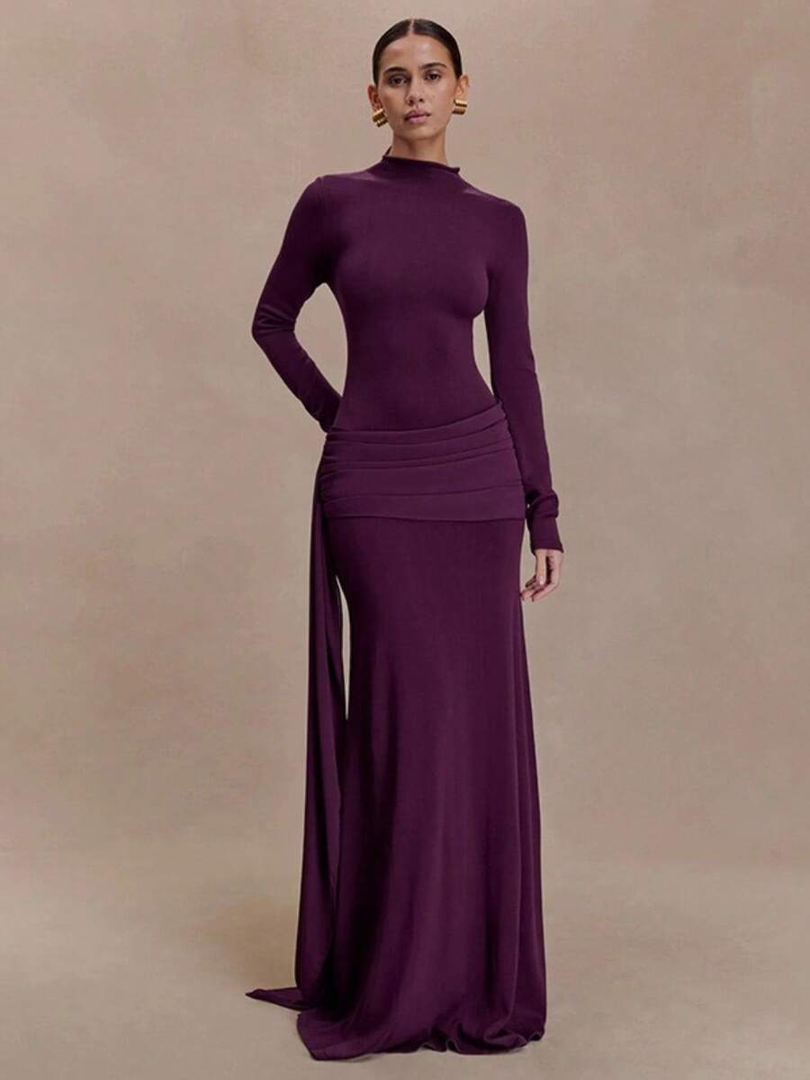 Spring And Summer New High-End Women's Clothing Celebrity Style Solid Color Turtleneck Long-Sleeved Streamer Pleated Hip-Wrapped Temperament Dress Skirt - Purple - View 1