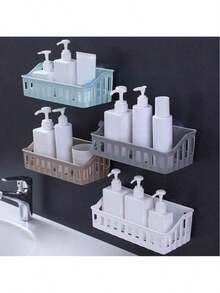 1pc Wall-Mounted Shower Caddy Organizer, Lightweight Plastic Bathroom Storage Rack, Waterproof Upgrade, No Drilling Required, Can Hold Toiletries And Cosmetics - Grey - View 2