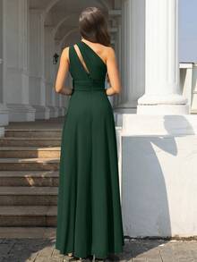 Volly Toych 深绿色优雅无袖不对称领口雪纺长款伴娘礼服，垂褶和打结细节设计 - 墨綠色 - 查看 2