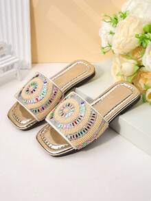 1 Pair Girls' Exotic Beaded Slide Sandals For Versatile Vacation Summer Use - Champagne - View 2