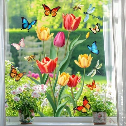 1 Stück bunte Tulpen und Insekten Fensteraufkleber, wiederverwendbare PVC doppelseitige sichtbare elektrostatische Glasaufkleber, geeignet für Schlafzimmer, Badezimmer, Wohnzimmer, Küchen und Heimdekoration.